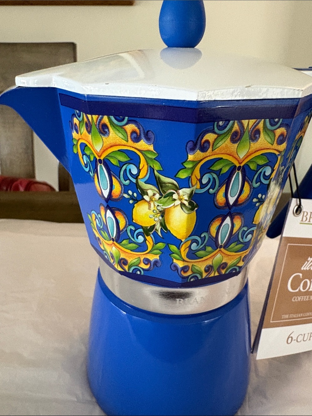 Brandani Italian Style Espresso/coffee/Moka Pot 6 Cup Blue Carpet Design - Picture 2 of 10